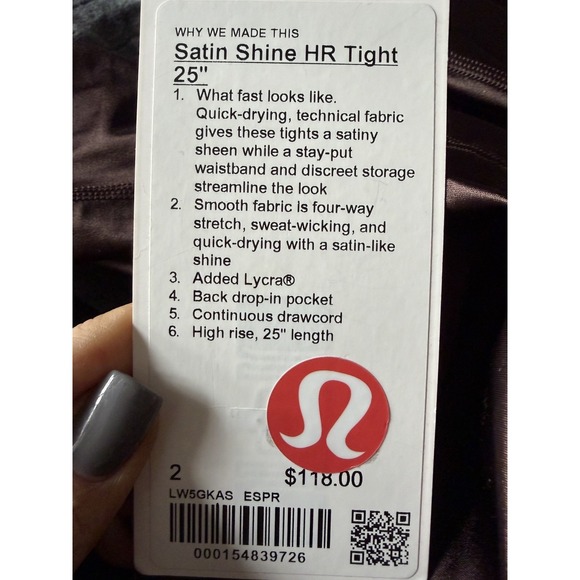 NWT Lululemon Satin Shine High Rise Tight 25" Size 2 Espresso ESPRESSO - Picture 2 of 3